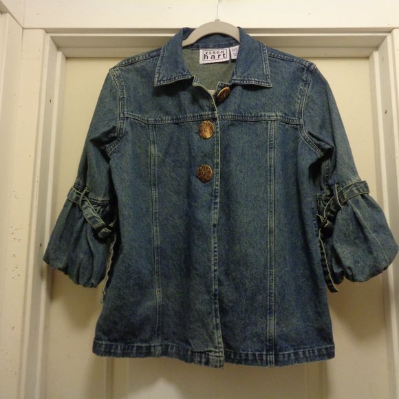TRENDING DENIM RETRO KEREN HART BALLOON SLEEVE JEAN JACKET S - Picture 1 of 6